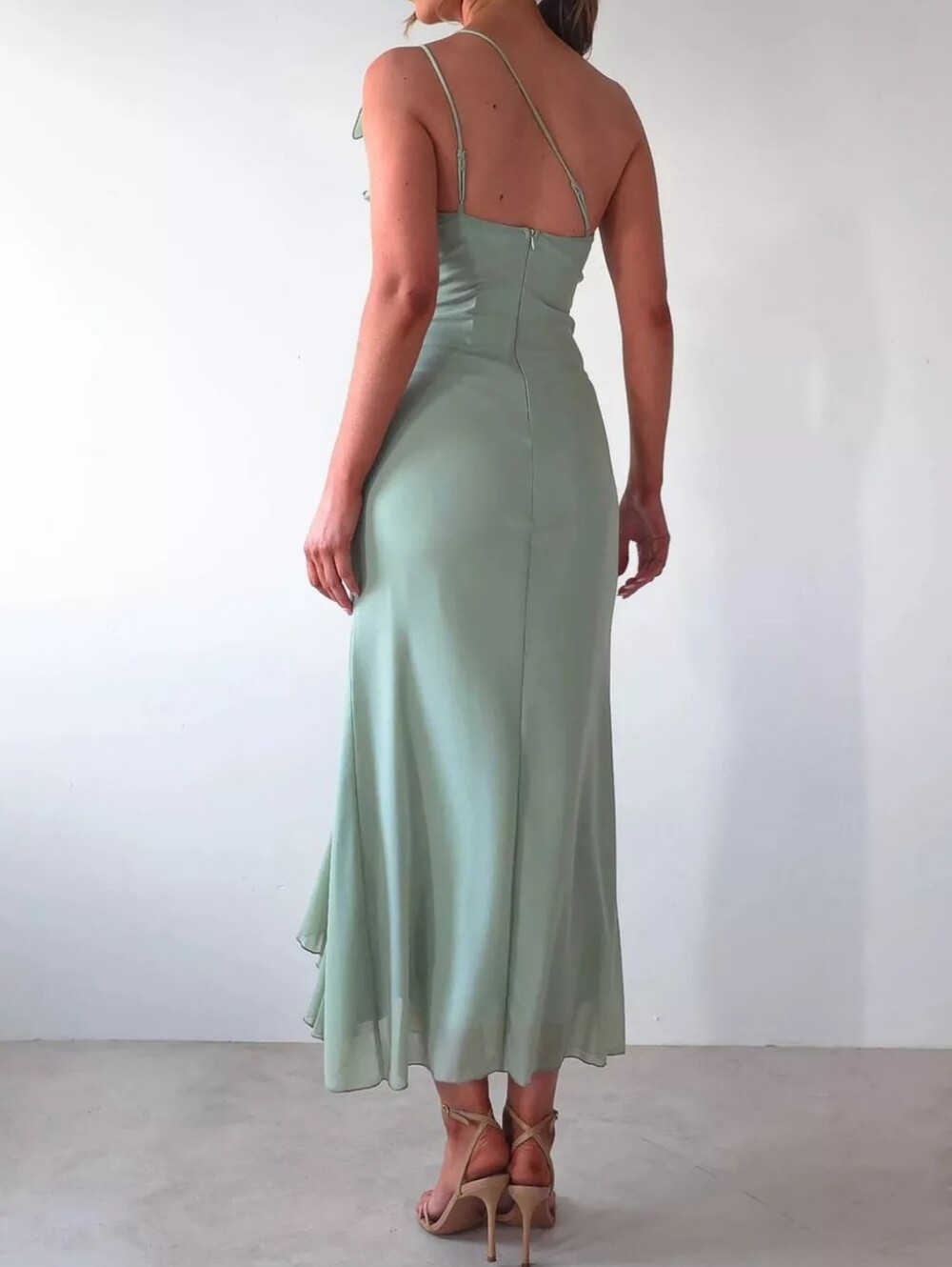 One-Shoulder Ruffle Slit Dress - Picture 5 of 5